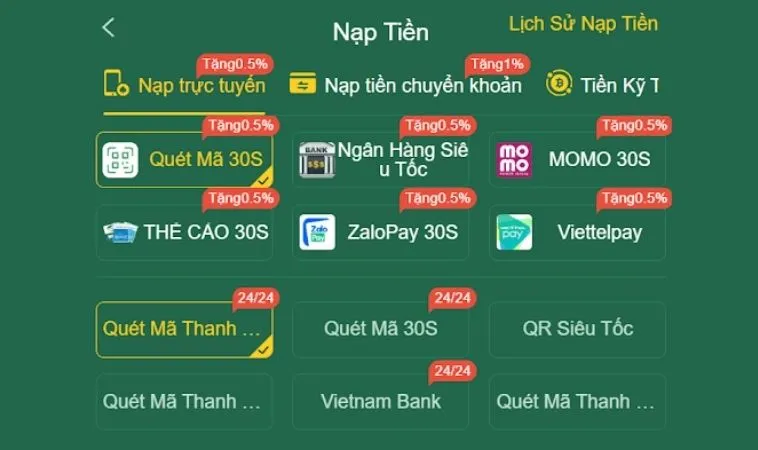 Các phương thức nạp tiền EV88